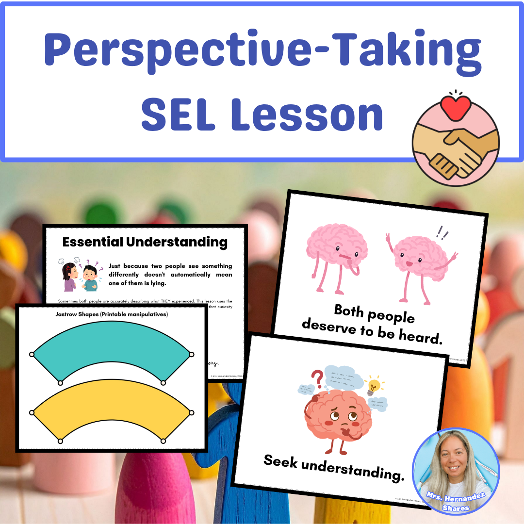 Text 'Perspective-Taking SEL Lesson' with illustrations of shaking hands and brains representing 'Both people deserve to be heard' and 'Seek understanding' along with Jastrow Shapes and photo of Mrs. Hernandez Shares