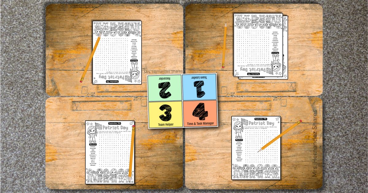Classroom activity board with four September Patriot’s Day worksheets and role cards for Recorder, Materials Manager, Team Helper, and Time & Task Manager.